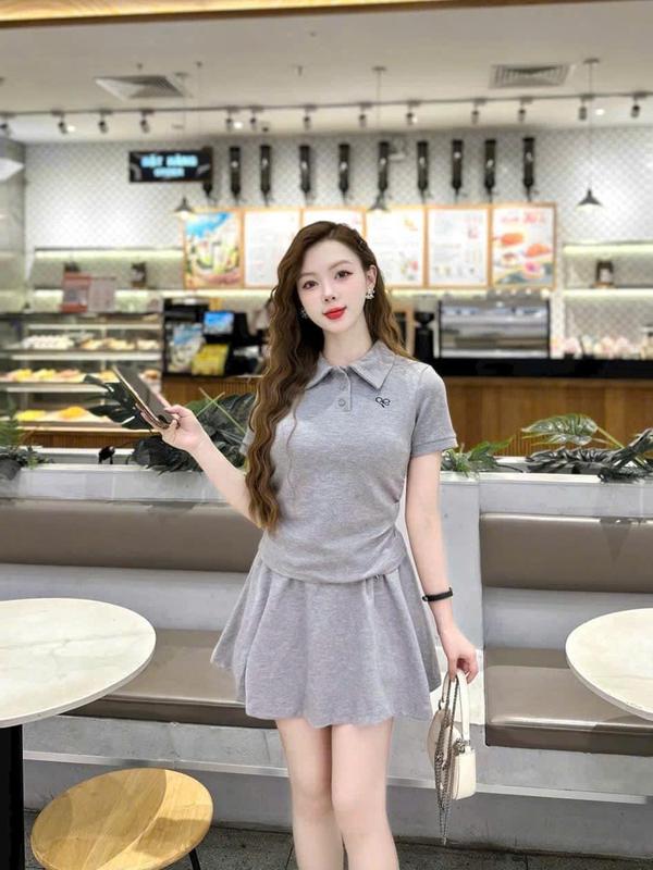 Set Bộ Áo Có Cổ Nhún Eo Mix Chân Váy Xoè Có Lót Quần Trong Thêu Nơ Nữ Polo Top Trắng Xám Xanh Than