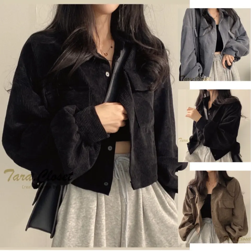 Kemeja berpotongan lengan panjang, poket berganda, korduroi yang sangat comel, kain yang bagus, selesa dipakai, butiran bergaya. Perempuan Baju Tops Velvet Blouses Shirts Kelabu