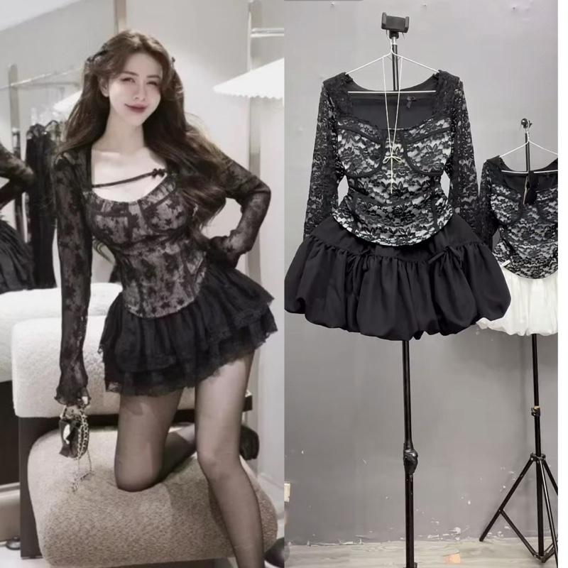 (Hàng như trên live) Sét áo váy bigsize tay dài ( có bán lẻ) phối ren lai bầu, kèm váy bí mix nơ sang chảnh, a270,cv411 chất liệu ren ướt mềm mại có độ giãn nhẹ