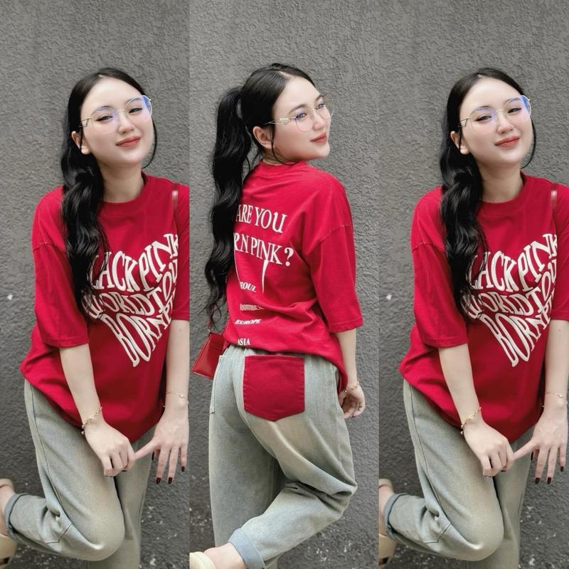 Sét Bộ Jean Áo Thun Tay Ngắn Cổ Tròn In Hình Chữ Trắng Kèm Quần Jean Baggy Trơn,Phom Quần Dài 90cm,Jean Mềm không giãn. Nữ Top