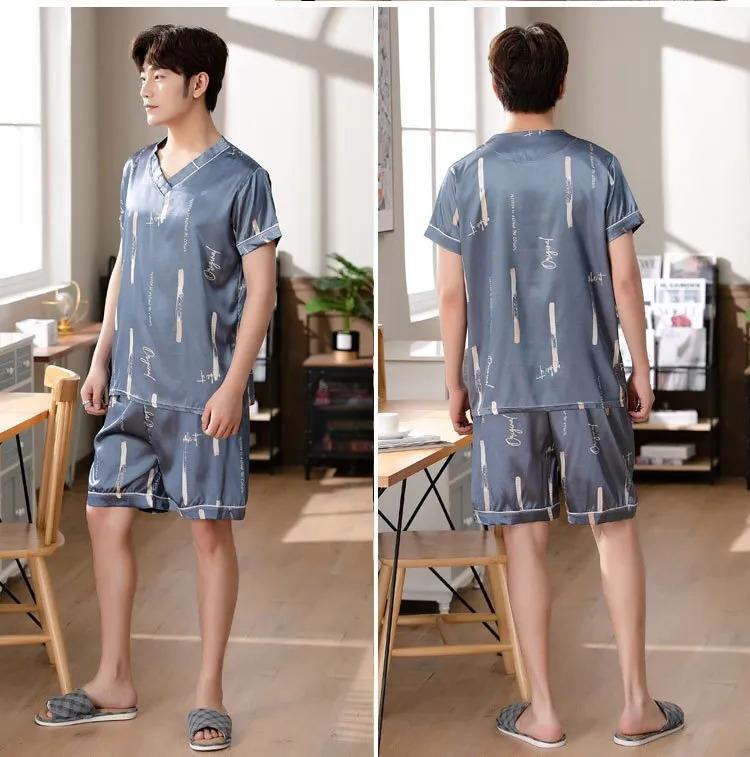 Product Introduction of Men's Pajamas Summer Fashion V-Neck Thin Ice Silk Short-Sleeved Shorts Nightie Two Piece 2024 New Boys Casual Sleepwear Nightie 21