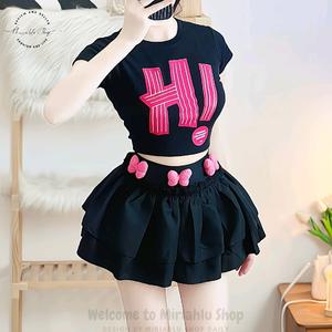 [Size S, M] Set Phối Áo Croptop Borip Form Basic Ôm Body In Hình Chữ H! Kèm Chân Váy Tầng Xếp Ly Chạy Viền (Lưng Thun) Đính Phụ Kiện Nơ Nhồi Bông, Nữ Women Voi