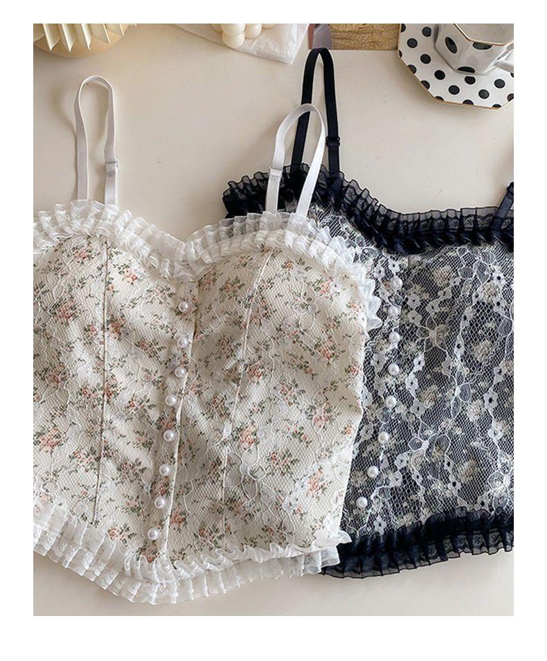 Product Introduction of Sexy lace floral cami top for women-sweet vintage slim fit tank with ruffle trim, adjustable straps, sleeveless bustier blouse, elegant floral print, versatile summer outfit for casual or layering Womenswear Lingerie Comfort Short 3