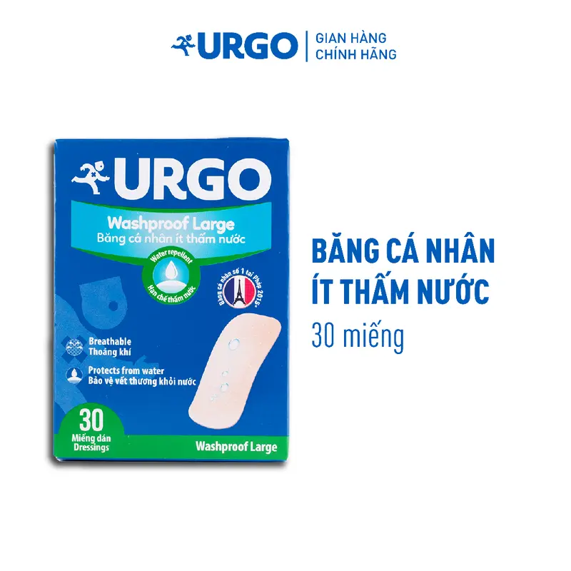 Băng Cá Nhân Ít Thấm Nước Bản Lớn Urgo Washproof Large 3.8cm x 7.2cm (Hộp 30 miếng) 1