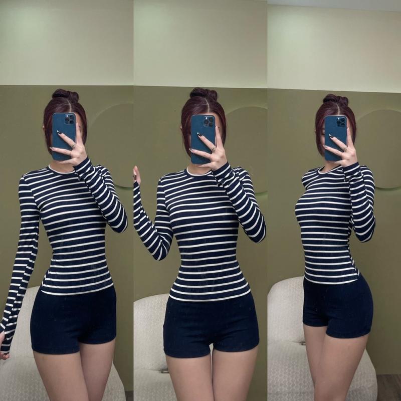 S169 - Set Mặc Nhà Quần Đùi + Áo Tay Dài Sọc Ngọc Lucie