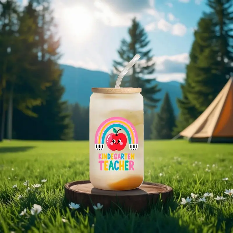 16oz Glass Cup with Straw & Brush, 1 Count Cute Cartoon Pattern Glass Cup, Drinking Cup for Home Office School, Gift for Kindergarten Teacher, Drinkware 5