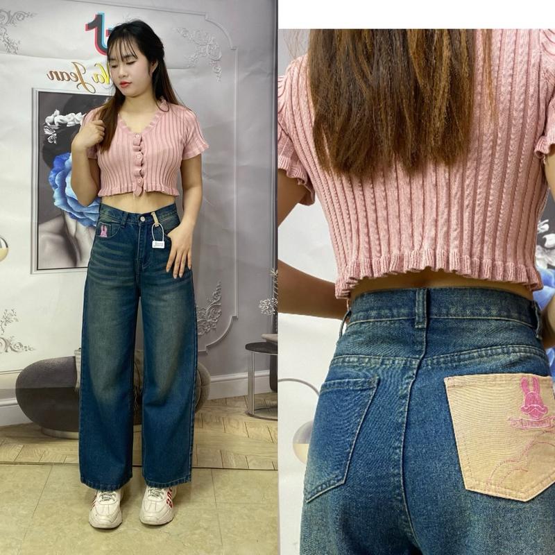 Quần jean nữ ống rộng cạp cao túi thêu thỏ hồng xinh chất Jean Qc daỳ mềm dài 94cm Women