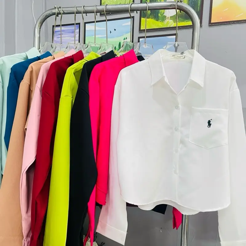 Áo sơ mi tay dài croptop nữ kiểu thêu ngựa
