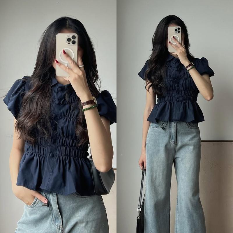 Áo Kiểu Nữ Cổ Sen Bo Nhún Dáng Basic Đi Học Đi Làm Mùa Hè Kimee - KA541