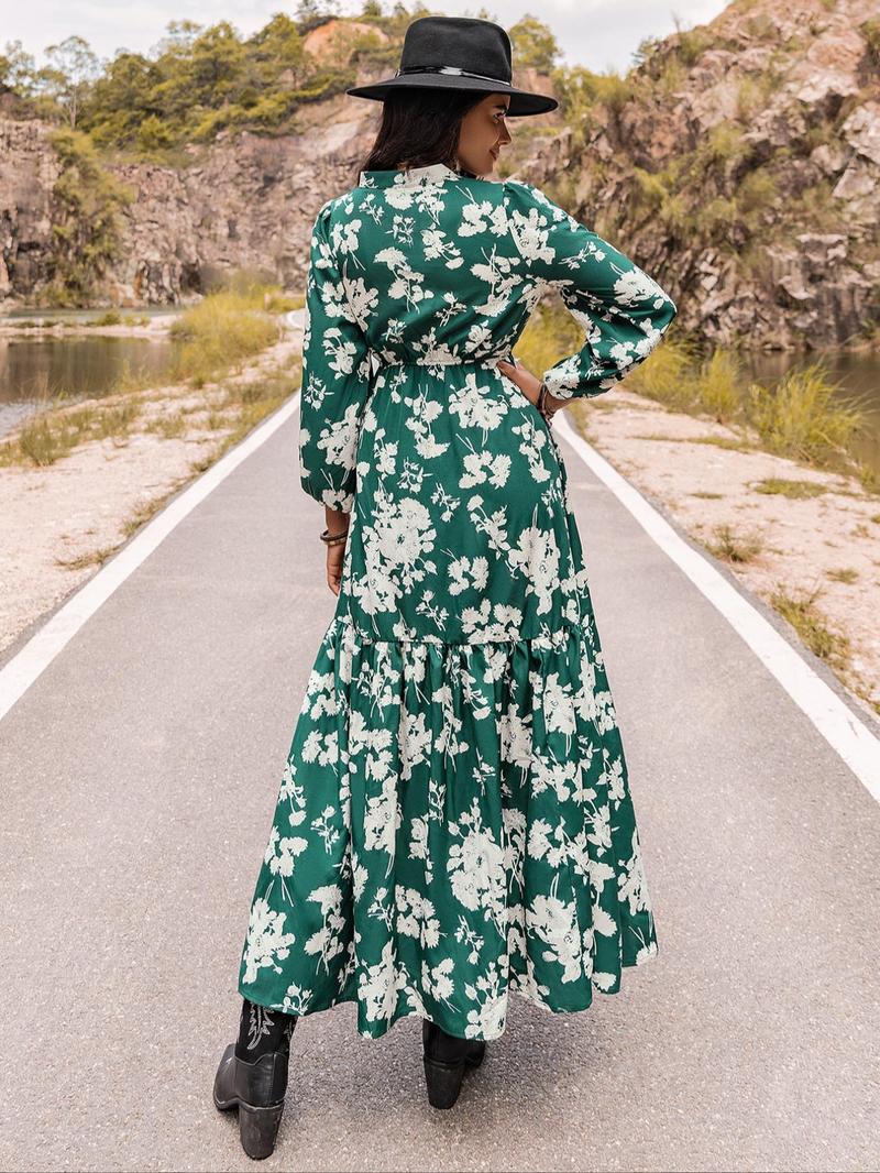 Product Introduction of Women's Floral Print Embroidered Trim Bishop Sleeve Notch Neck A-line Long Dress, Dresses for Women, Boho Spring & Fall Summer, Maxi Dresses for Vacation, Holiday Dresses, Belleza Fits, Womenswear 19