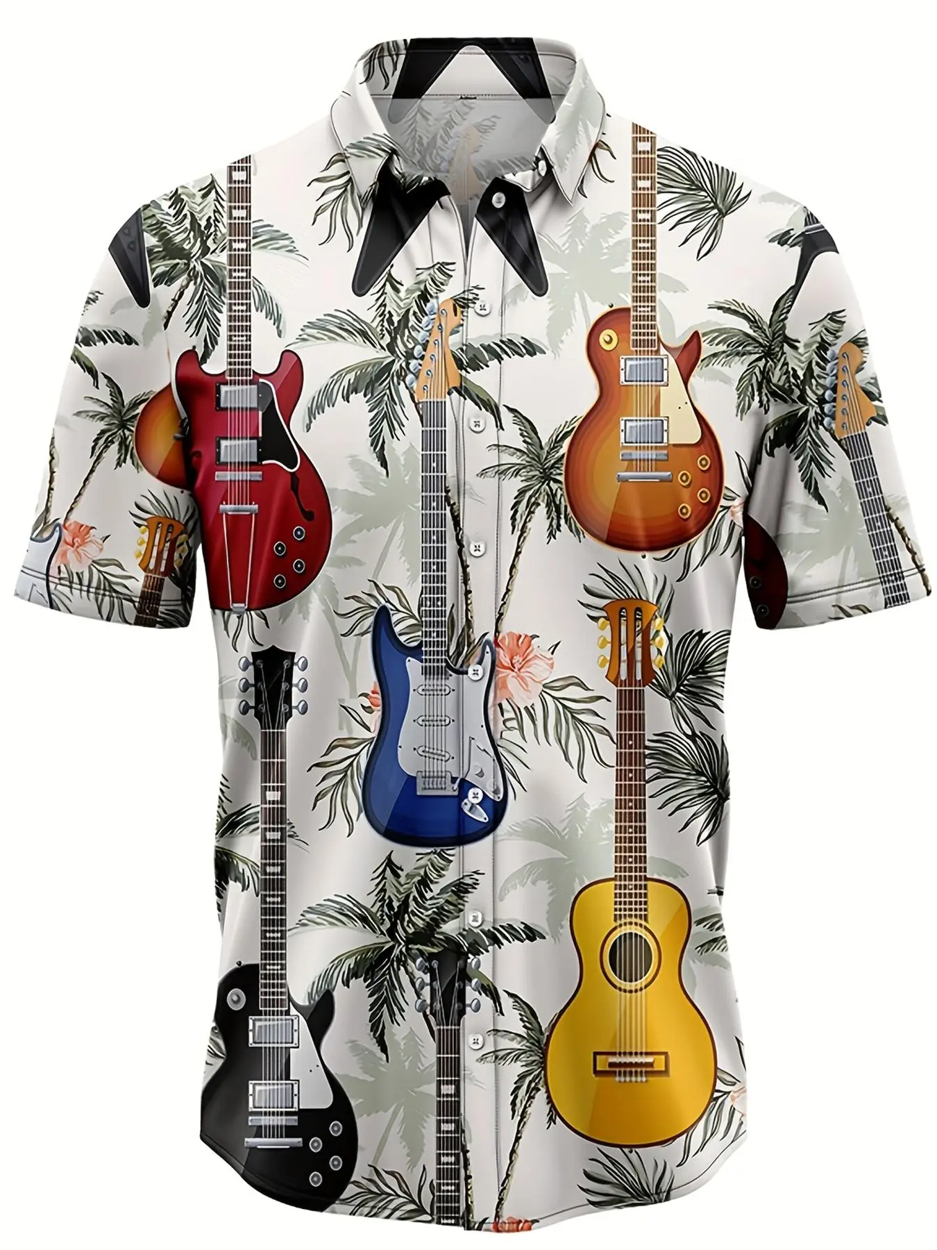 Men's Guitar Print Short Sleeve Shirt, Casual Tropical Printed Landscape Button Down Top for Summer, Fashion Men's Clothes for Beach Vacation