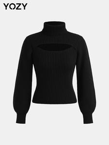 YOZY Women's Plain Cut Out High Neck Sweater, Casual Bishop Sleeve Jumper for Fall & Winter, Women's Knitwear for Daily Wear