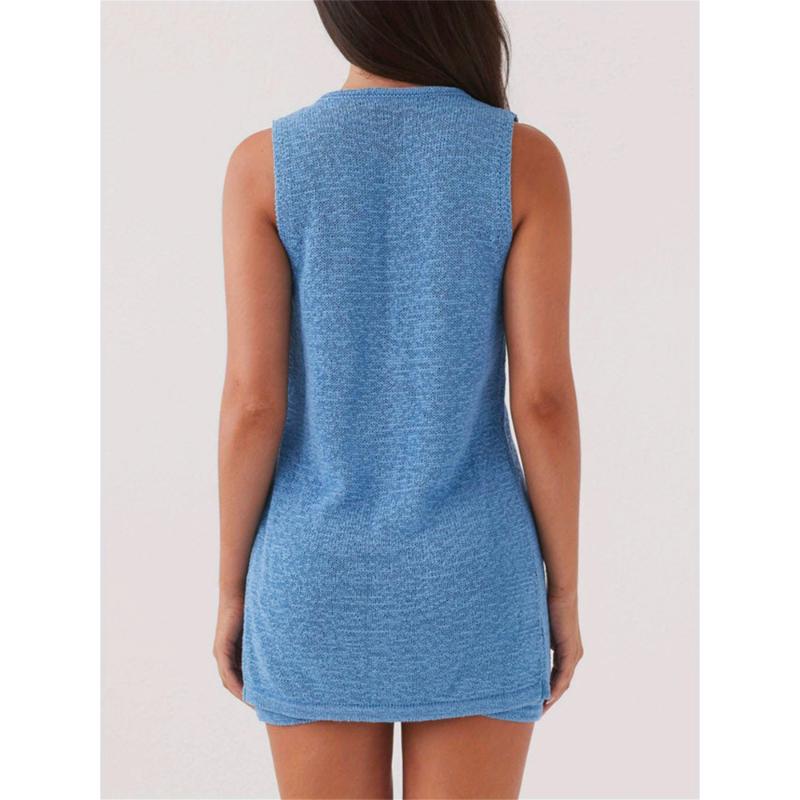 Women Set Solid Color Deep V Neck Sleeveless Tank Tops Elastic Waist Skirt 2pcs Outfit 5