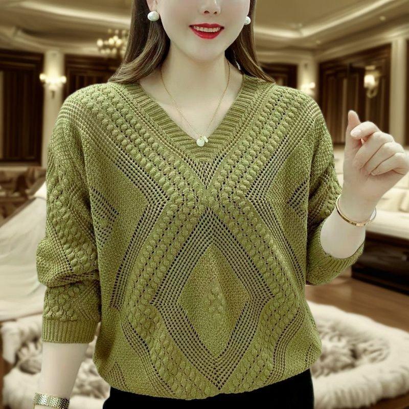 Product Introduction of Áo dệt kim mỏng hợp thời trang khoét rỗng cổ chữ V đầu thu cho cô gái béo cỡ lớn 150,00kg, áo chống nắng Top 4