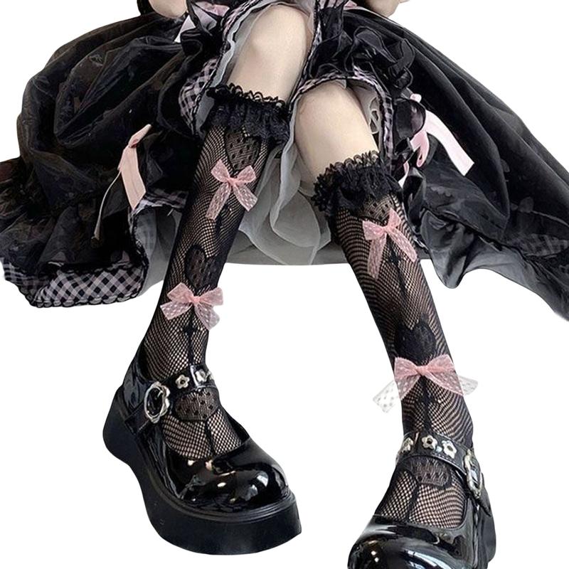 Product Introduction of Women Beautiful Calf Socks, Elastic Soft Bow Tie-up Lace Lolita Socks Stockings Boot Socks for Daily Party 17