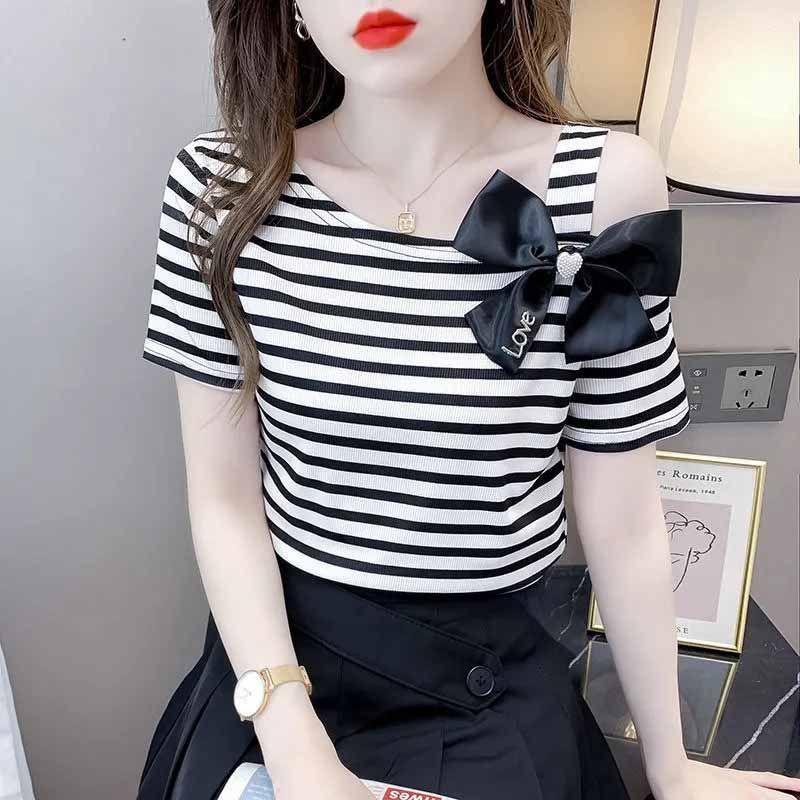 Áo Phông Ngắn Tay, Họa Tiết Sọc, Dành Cho Nữ, Phong Cách Phương Tây, Trông Trẻ Trung, Áo Sơ Mi Nhỏ Đẹp, Trễ Vai, Áo Sang Trọng, Thích Hợp Cho Mùa Hè 2025, Hàng Mới Về 7