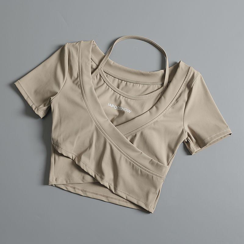 Product Introduction of Áo Crop-Top, dành cho nữ, ngắn Tay, bó sát, hai mảnh giả, thích hợp cho tập luyện, chạy, tập luyện, Yoga, áo phông với đệm ngực 7