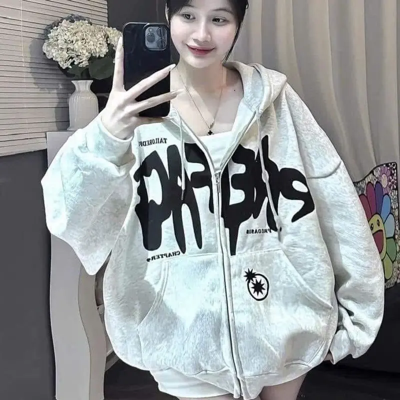 Áo khoác nỉ form rộng , Hoodie zip form rộng mũ hai lớp - Sao in hai mặt 1