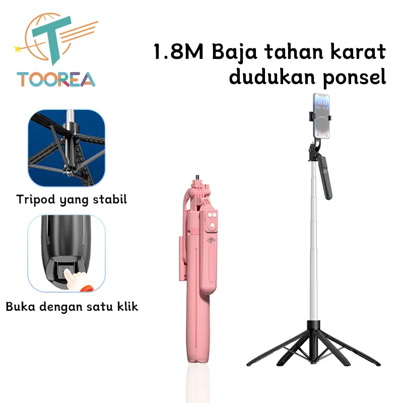 TOOREA B17 180cm Tongsis Tripod 4 Kaki Tripod Selfie Stick HP Kamera DSLR Tongsis Tongkat selfie Tripod 7 Tombol Remote Control Bluetooth Dengan 1/4 Adaptor