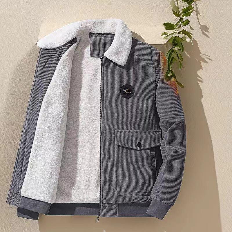 Áo Khoác Nam Dày Lót Lông Cừu Mùa Thu Và Mùa Đông Áo Khoác Vải Nhung Kẻ Dáng Rộng Đi Chơi Làm Việc Cho Nam Trẻ Trung Và Trung Niên Mới 2024