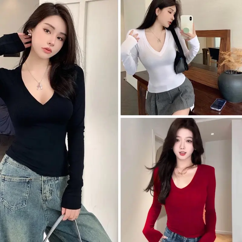 Áo cổ tim tay dài thun tăm mịn mát body nữ 0