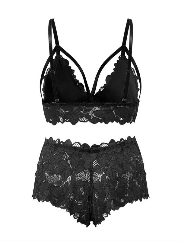 【Plus Size】 Bow Decor Lace Bra & Scallop Trim Brief Boxer Set, Naughty Lingerie, Push Up Lingerie & Sheer Panty, Underwear Set Super Push Up Bra, Festival Wear 2024, 2 Piece Set for Girls Women, Bralettes Top & Bottoms Set, Fall Clothes 7