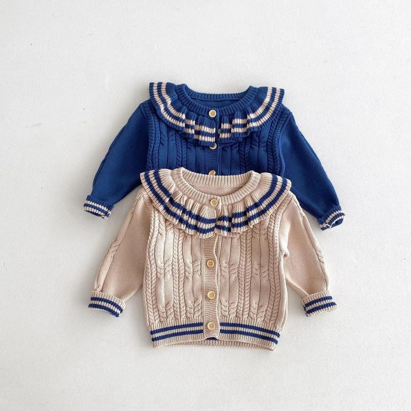 Product Introduction of Ins 2024 Autumn Baby Girls Knit Cardigan Sweater Lotus Collar Ruffle Line Collar Children Winter Solid Thicken Warm Knitwear Top 10