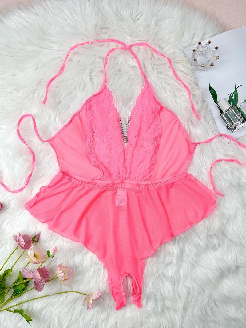 Product Introduction of Plus Size Contrast Lace Backless Halter Neck Tulle Onesie, Sexy Semi-sheer Open Crotch Design Tie Back Sleepwear, Women's Plus Sleepwear for All Seasons 7