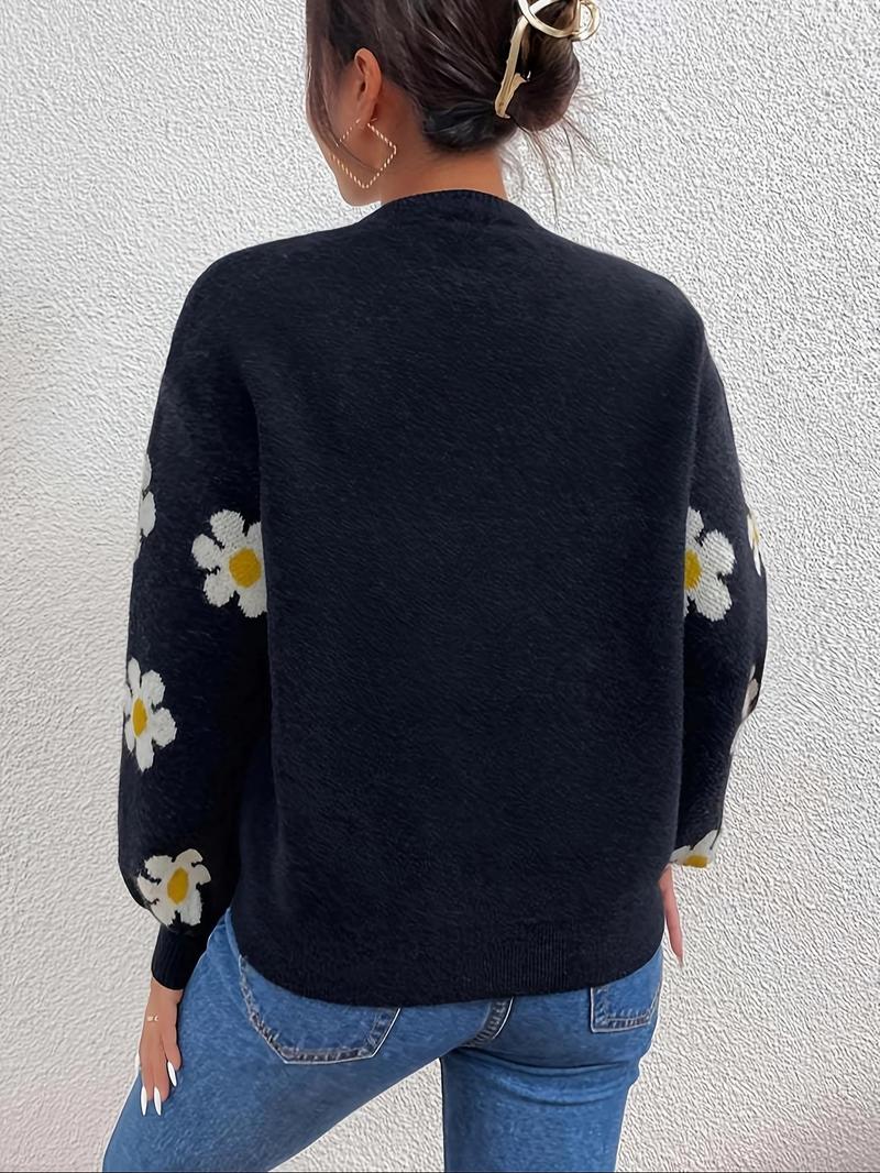 Product Introduction of Plus Size Floral Print Drop Shoulder Sweater, Casual Long Sleeve Round Neck Jumper for Fall & Winter, Women's Plus Size Clothing for Daily Wear 2