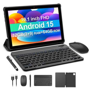 10.1インチ Android 15タブレット、12GB RAM 64GB ROM、2MP + 8MPデュアルカメラ、キーボード、マウス、スタイラス、保護ケース付き