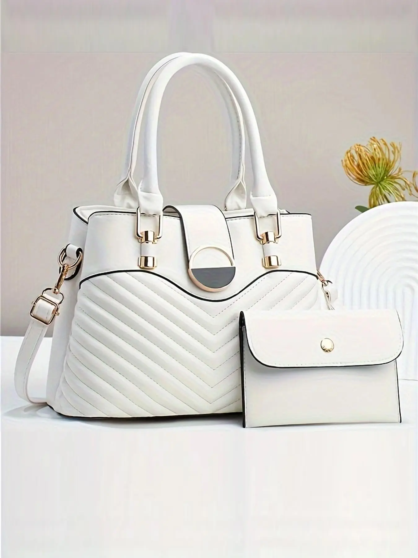 Women's Elegant Quilted Minimalist Handbag & Clutch Wallet, Trendy Large Capacity Crossbody Bag & Purse, Chic Bag Set for Gift Daily & Work Use