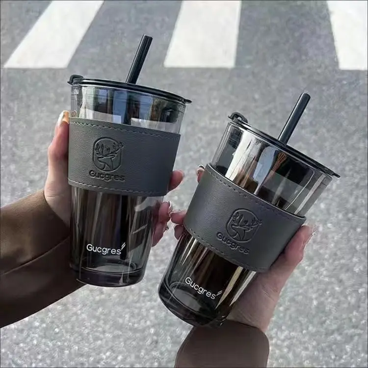 Tumbler Gelas Kaca Botol Minum Aesthetic Mug Kopi Cup Glass Dengan Case dan Sedotan 2
