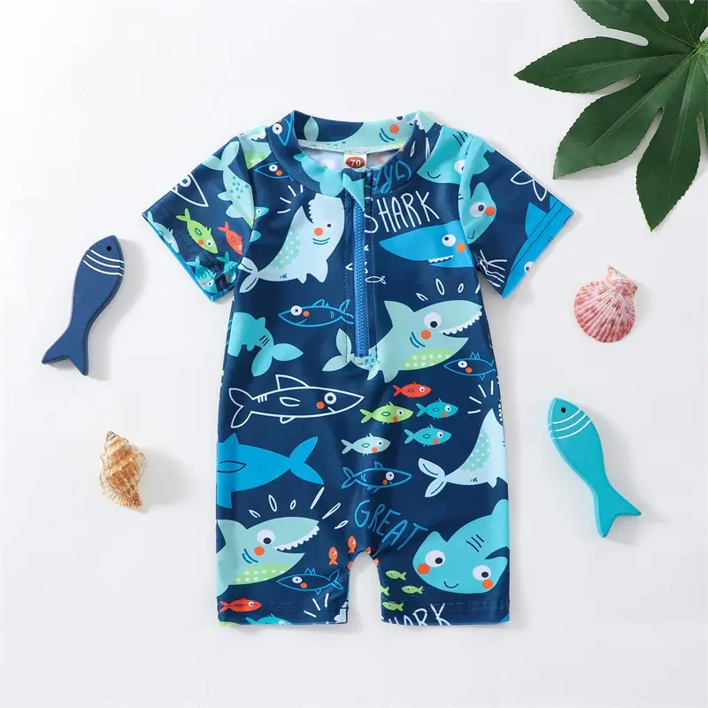 Đồ Bơi Mùa Hè Cho Trẻ Em Và Bé Trai, Đồ Bơi Thường Ngày In Hình Cá Mập, Áo Liền Quần Ngắn Tay Có Khóa Kéo, Đồ Đi Biển, Mềm Mại, Thoải Mái, Mùa Hè, Biển, Bãi Biển, Dễ Thương, Thời Trang, Kỳ Nghỉ, Chất Lượng Cao, 0-12 Tháng, 1-5 Tuổi 0