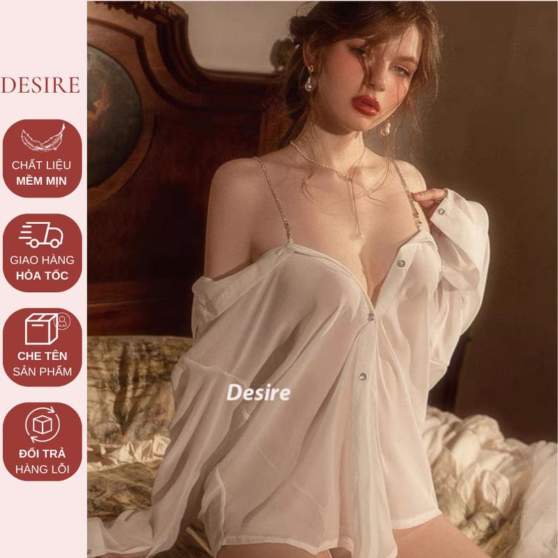 Áo sơ mi ngủ vải voan trễ vai kèm quần gợi cảm sexy Desire VN-8476