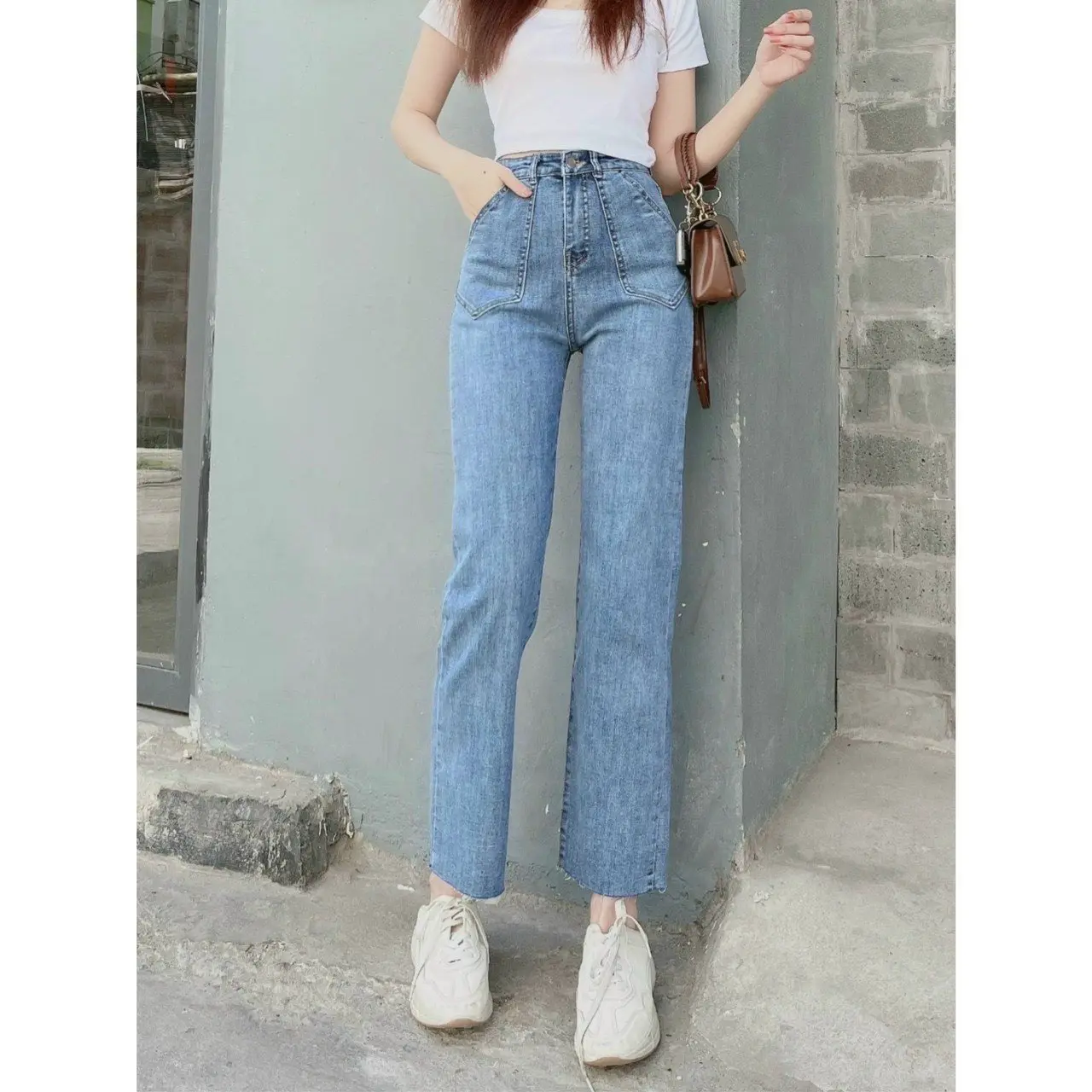 ( BIEEN JEANS-Dài 96cm )Quần Jean Nữ Ống Đứng  Dáng Suong Chất Co Giãn Lưng Cao Túi Nấp Lai Cắt Pants Women Ong Denim  Có Túi