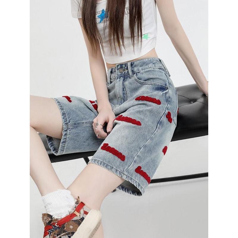 Quần Denim Thêu, Dành Cho Nữ, Thẳng, Bó Sát, Thiết Kế Độc Đáo Hàng Mới Về Mùa Hè 2023, Quần Đùi, Quần Đùi Nữ