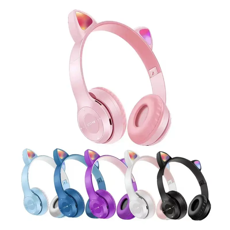 Headphone Headset Bando Bluetooth P47m Rgb Led Cat Earphone Wireless Stereo Bass Headset Gaming Buat Hp Headphone Anak Perempuan Earphones 6