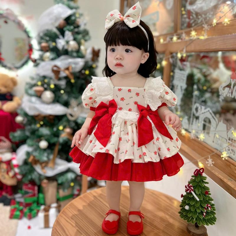 Váy Tay Bồng Bông Hoa Đỏ Mới Cổ Vuông Bèo Ren Váy+Quần Chip+Tuban 3-12 Kg,Váy Cho Bé Gái Đầy Tháng Sinh Nhật Dự Tiệc