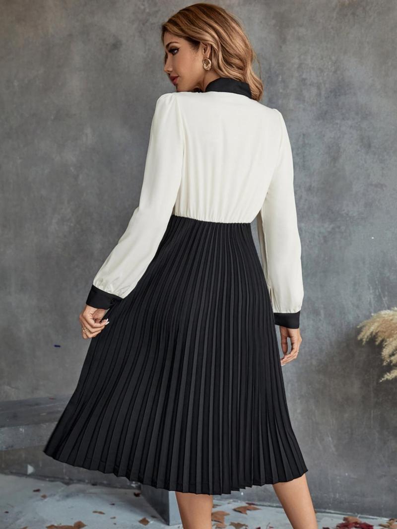 Product Introduction of Women's Colorblock Tie Neck Pleated Dress, Elegant Long Sleeve A Line Dress for Spring & Fall, Women's Clothes 2