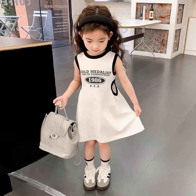 Váy ba lỗ khoét eo in chữ sành điệu cho bé gái, chất cotton, 3 màu trắng, đen, hồng, size 11-27kg 0