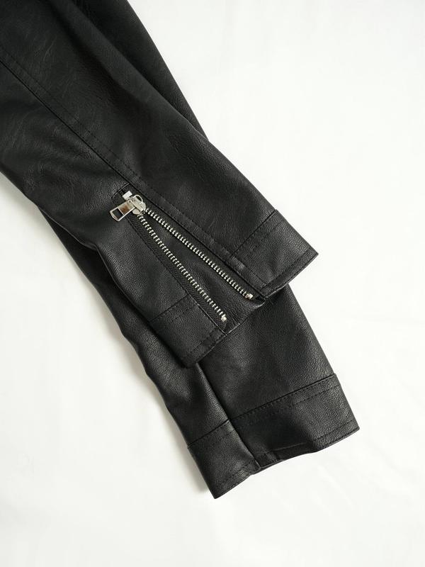 Women's Solid Color Lapel Collar Zipper PU Leather Crop Jacket, Street Fashion Long Sleeve Button Outerwear for Daily Outdoor Wear, Ladies Clothes for All Seasons 7