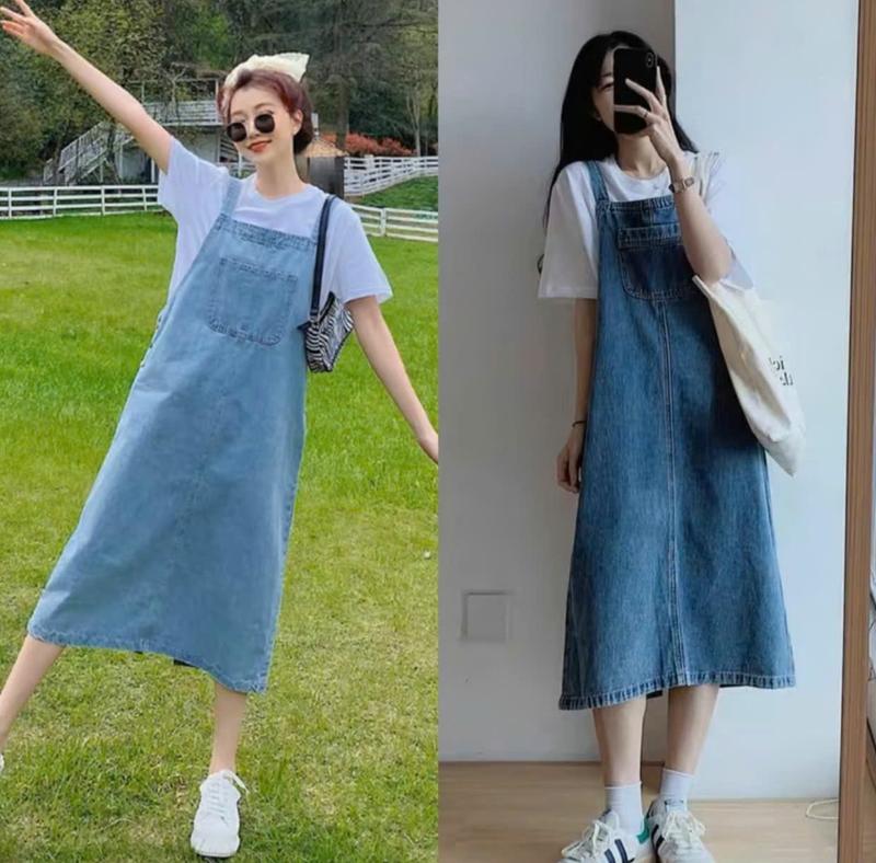 Big Size 55-90kg Yếm Jeans Bò Nữ Dáng Dài Màu Xanh 4506 4510 Thời Trang Hàn Quốc Vải Bò 2 Dây Điều Chỉnh Túi Ngực Women Nhung Dress Voi