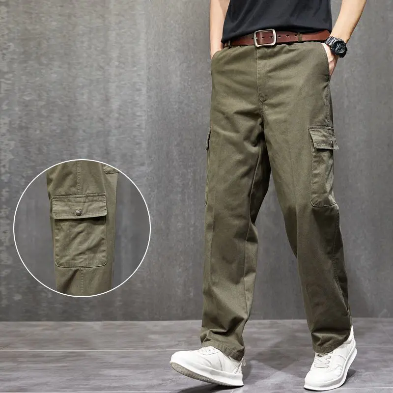Men's New Trendy Pure Cotton Straight Loose Wear-Resistant Camouflage Cargo Pants Casual Trousers Menswear Plain Lingerie Beige