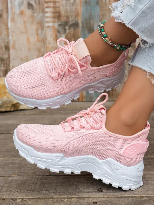 Women's Solid Color Lace Up Mesh Breathable Lightweight Running Shoes, Casual Comfortable Sports Shoes, All-match Round Toe Walking Shoes for Daily Wear 1