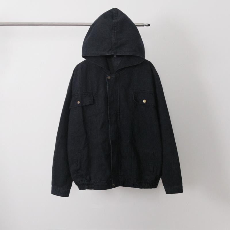Áo khoác jean bomber mũ chùm đen wash mix khoá đồng KPis Clothes nam nữ