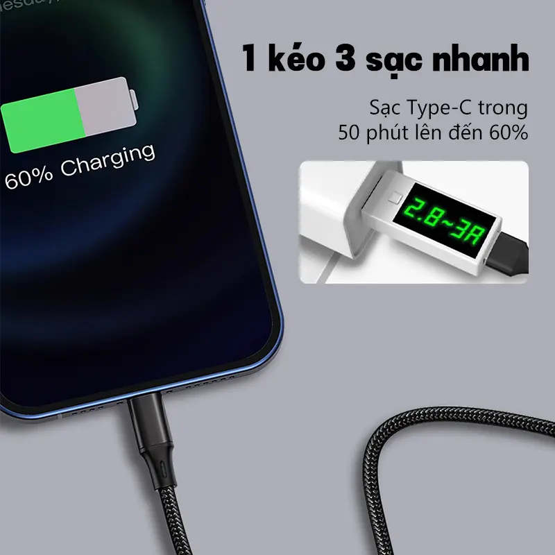 Dây cáp sạc ba trong một hỗ trợ sạc nhanh đa năng cho Android Type-C và iPhone - Usb 5