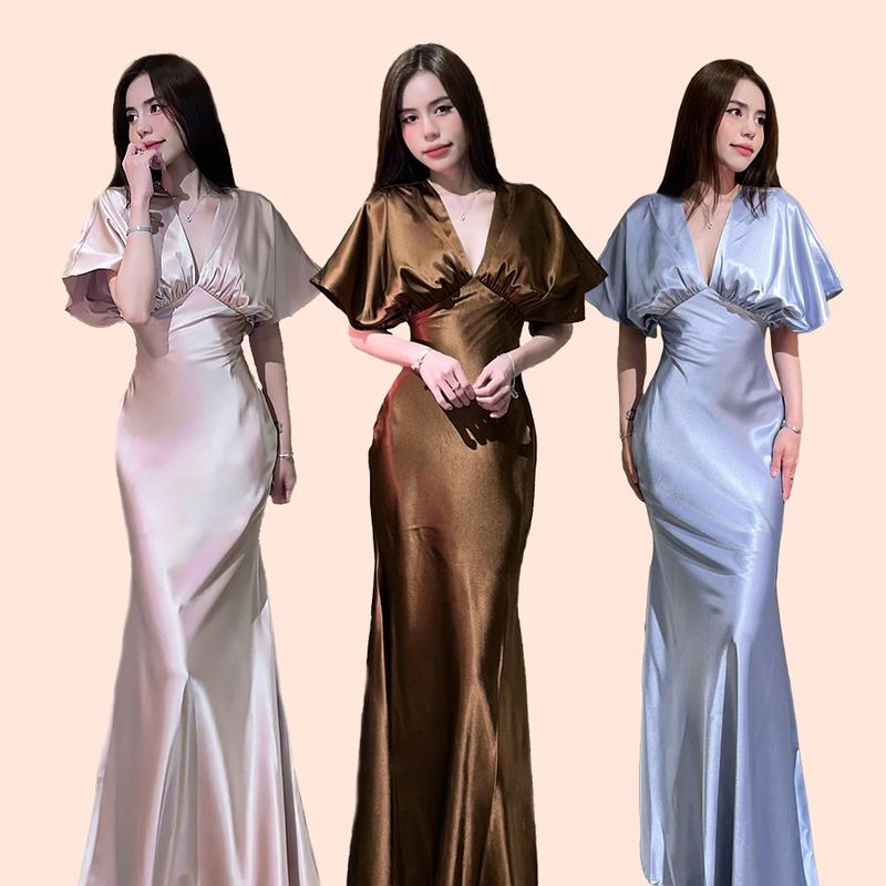 ĐẦM LỤA CÓ TAY DƠI NỮ cao cấp, chất lụa xin không xước, mềm mịn mát có size SML - july DRESS, Nhung Women Xám Kem Đen