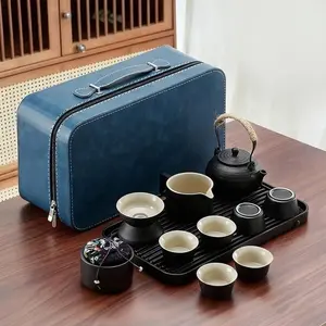 Paket Set Teh Chinese Tea Set Hampers Kado Unik Minimalis - Hitam+Biru Tas