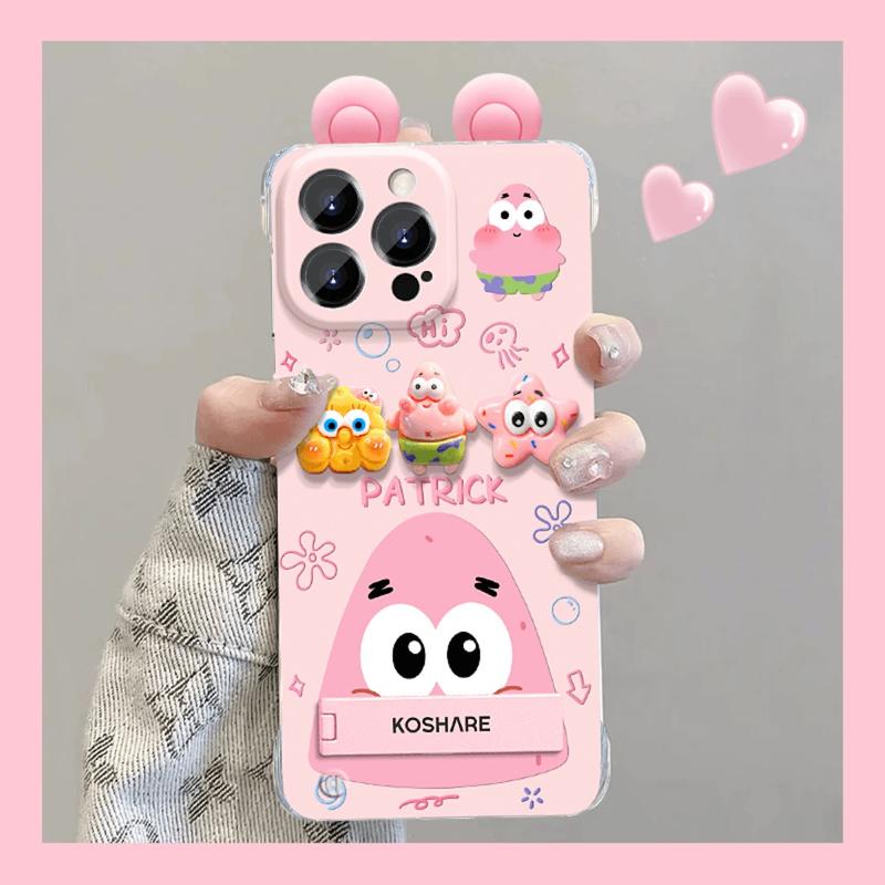 Ốp Điện Thoại Búp Bê SpongeBob Patrick Star, Thiết Kế Dễ Thương, Tương Thích Với iPhone 16, 15, 14, 13, 12, 11, Pro Max, XR, X, XS Max, 16Plus, 15Plus, 14Plus, Ốp Có Giá Đỡ Tai Vui Nhộn, Ốp Lưng Chống Sốc Chống Bẩn