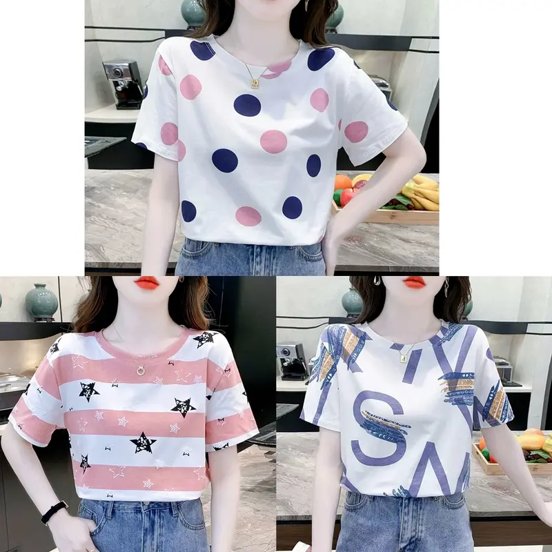 Combo 3 Áo Phông Nữ In Họa Tiết Nhiều Màu Cổ Tròn Chất Cotton Thoáng Khí Women Top Thun